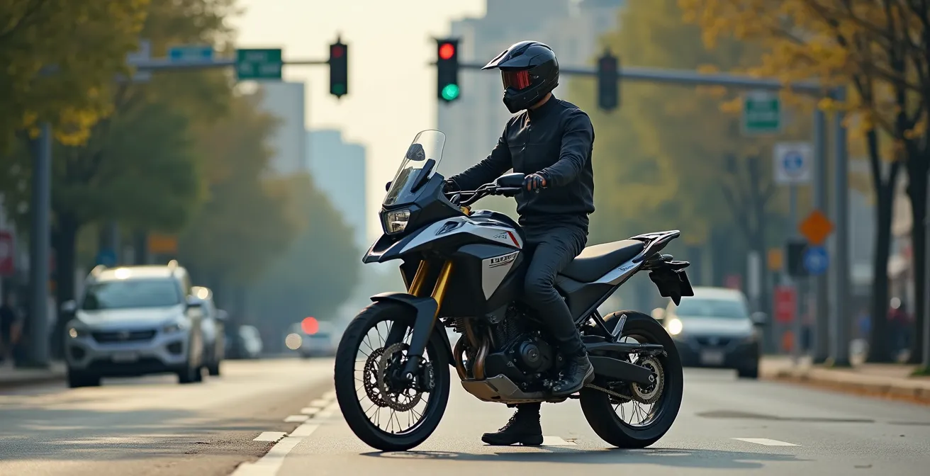 Seitenansicht eines Motorradfahrers mit angepasster Sitzhöhe beim sicheren Stand