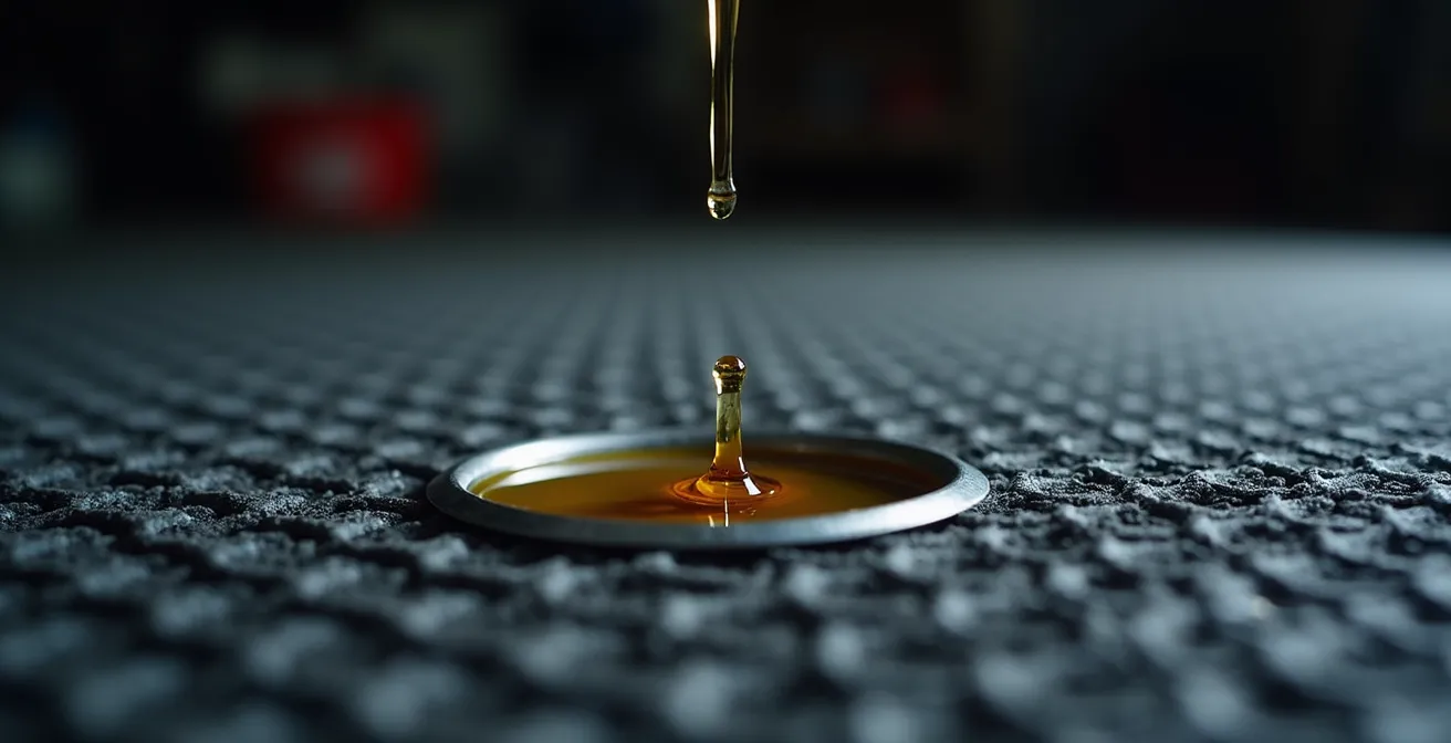 Sauberer Garagenarbeitsplatz mit Ölbindematten und Auffangbehältern