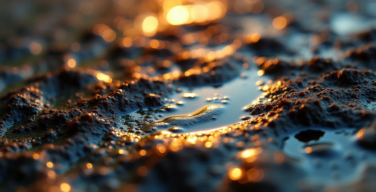 Makroaufnahme von Öltropfen auf Erdreich mit schillernden Farben