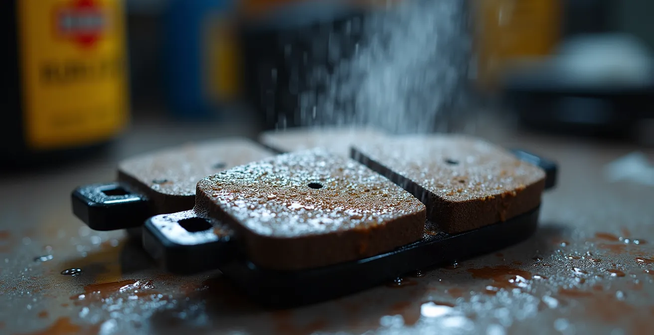 Nahaufnahme verglaster Fahrrad-Bremsbeläge bei Reinigung