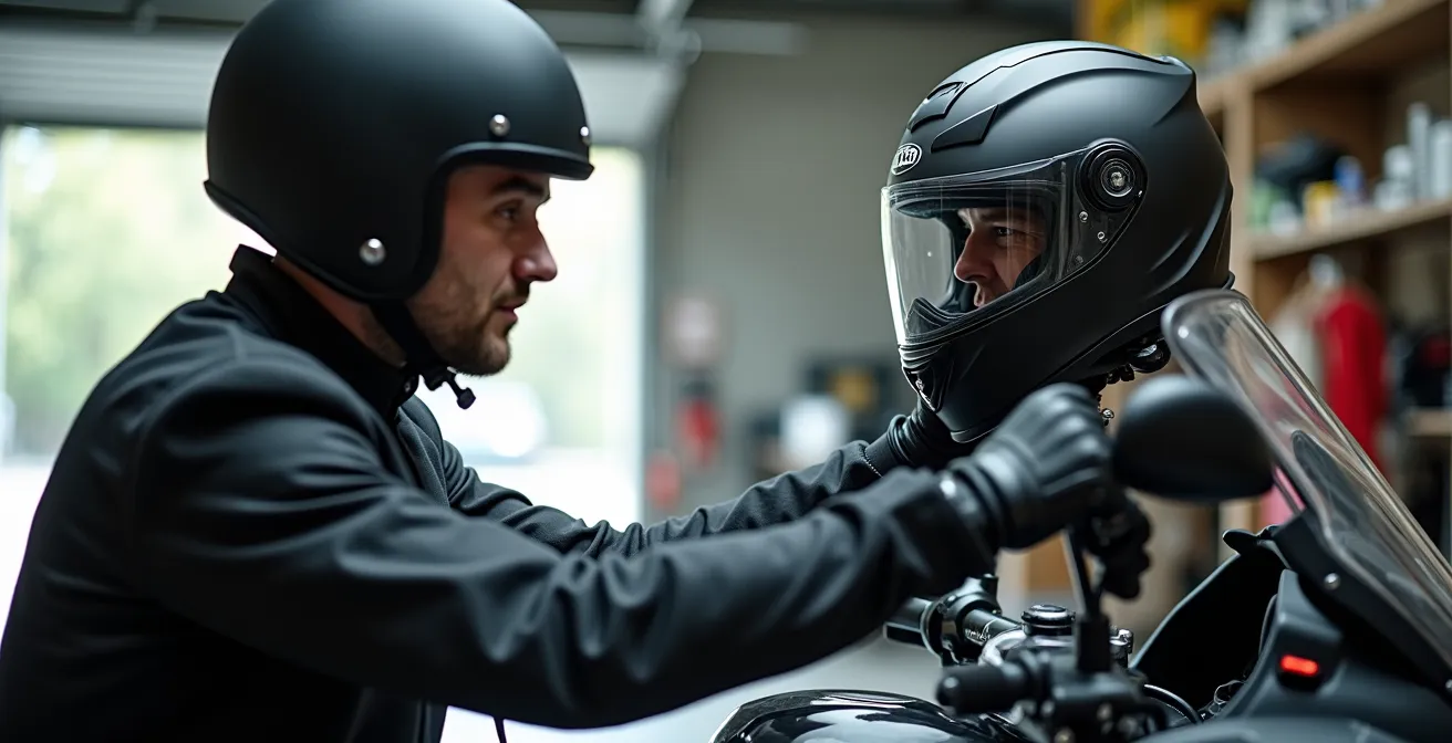 Motorradfahrer testet verschiedene Scheibenhöhen mit sichtbaren Luftströmungen