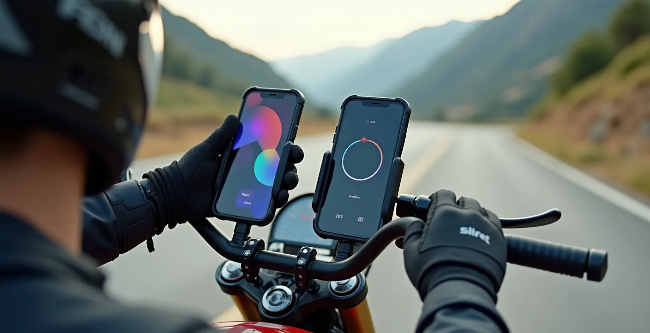Ein Motorrad-Cockpit mit zwei nebeneinander montierten Smartphones, eines für die Navigation und eines für Kommunikation.