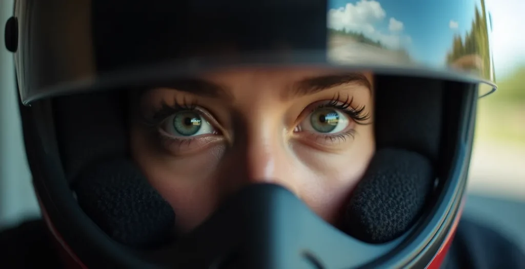 Nahaufnahme eines fokussierten Motorradfahrerauges im Helm, das den meditativen Flow-Zustand darstellt Nahaufnahme eines fokussierten Motorradfahrerauges im Helm, das den meditativen Flow-Zustand darstellt