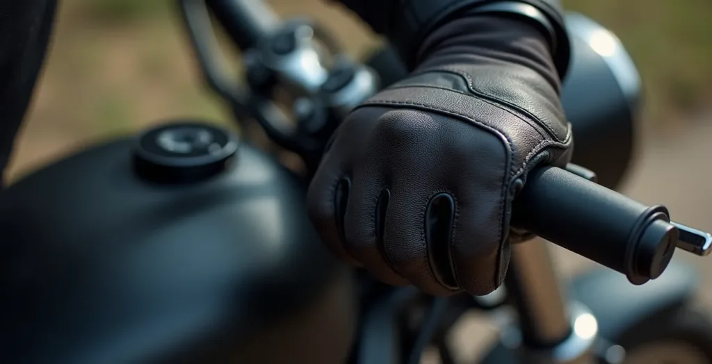 Detailaufnahme von Händen am Motorradlenker, die eine Dehn- oder Mobilisierungsübung andeuten Detailaufnahme von Händen am Motorradlenker, die eine Dehn- oder Mobilisierungsübung andeuten